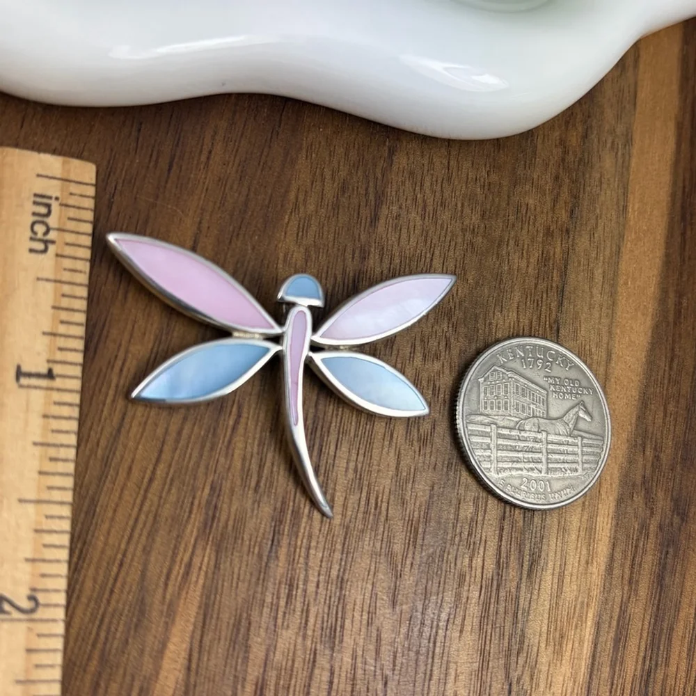 Vintage Dragonfly Butterfly Pendant Sterling Silver 925 Mother of Pearl Inlay
